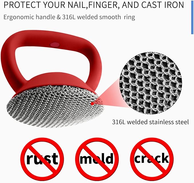 Cast Iron Scrubber Scraper Brush Kit, Fine Chainmail Scrubber Brush+5pcs Plastic Scraper for Kitchen Pan Pot Dish Cleaning