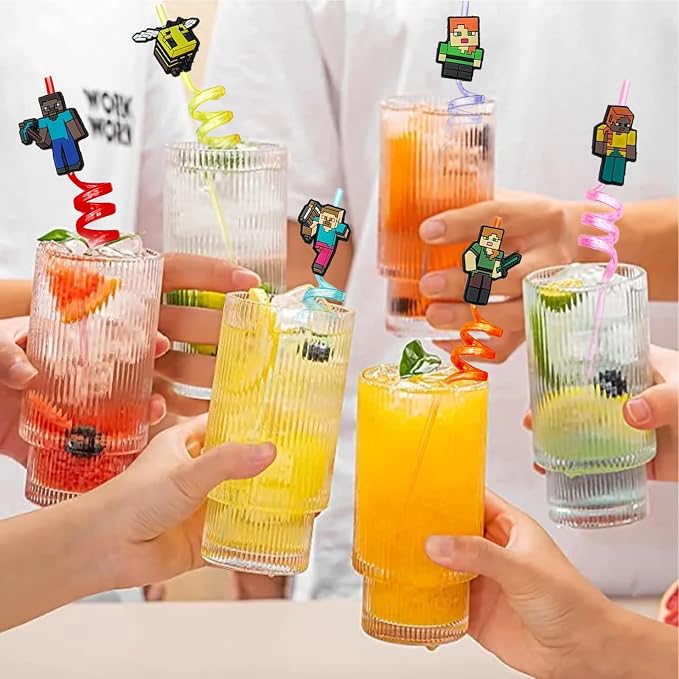 30pcs Pixel Straws Pixel Party Supplies Favors With 2pcs Cleaning Brush Plastic Reusable Straws Birthday Party Supplies For Boys Girls