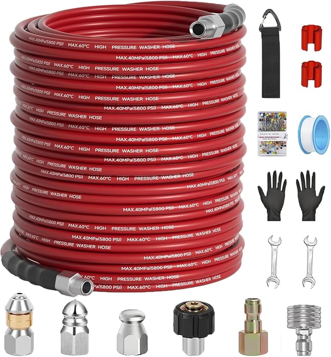 200FT Sewer Jetter Kit for Pressure Washer 5800PSI,1/4" NPT Drain Jetter Hose with 1/4" Quick Plug，3 Sewer Jet Nozzles，Spanners Teflon Tape Gloves and Spray Nozzle for Cleaning