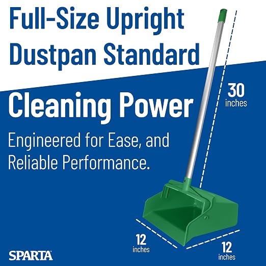 SPARTA Color Coded Upright Dustpan with 30 Inch Aluminum Handle, Serrated Edge and Locking Yoke, Standing Commercial Floor Dust Pan, Green