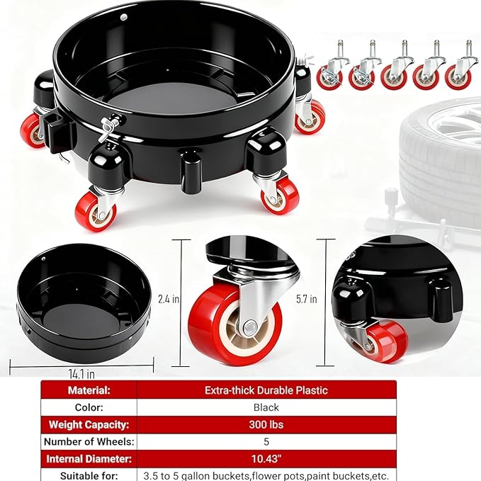 2 Pcs 5 Gallon Bucket Dolly, 11 Inch, Black Set | 1 Car Washing Glove, 5 Heavy Duty Wheel Casters, 360° Rolling, Connectable & Locking, For Car Wash, Garden & Garage