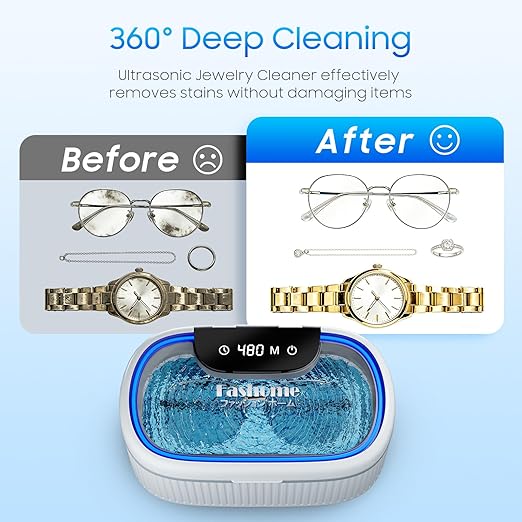 Ultrasonic Jewelry Cleaner Machine with 2×100ml Cleaning Solution, 45kHz Sonic Cleaner for Rings, Glasses & Watch Band, 550ML Stainless Steel Tank, 5 Timer, 3 Power Levels, Degas Mode-Gray