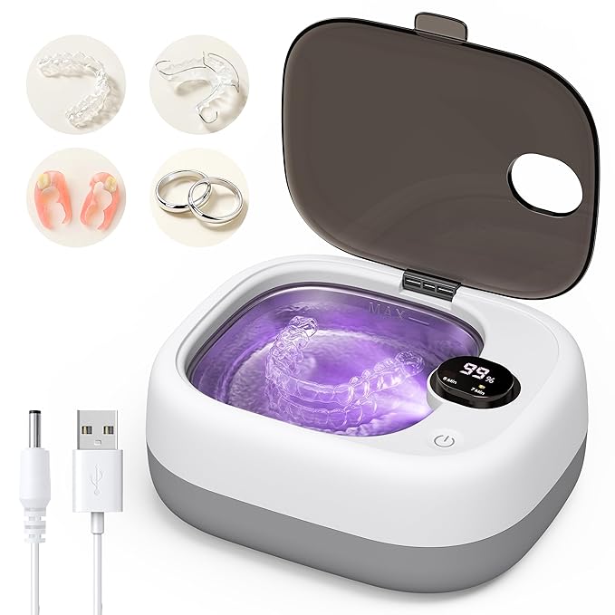 UEOFEN Cordless Ultrasonic Retainer Cleaner: 10-14 Cleans per Charge, 7-Day Travel Power - Smart Battery Percentage Display & UV Light - Compact for Retainers, Aligners, Partial Dentures, Jewelry