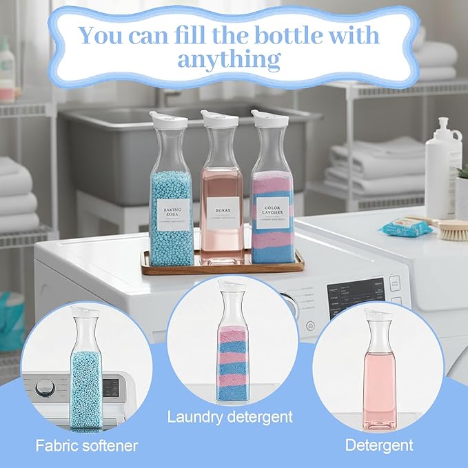 3 Pack Laundry Detergent Dispenser, 54 oz Laundry Soap Dispenser with Tray and 18 Labels, Plastic Fabric Softener Dispensers, Liquid Laundrys Detergent Container for Liquid, Bleach, Scent Booster Bead