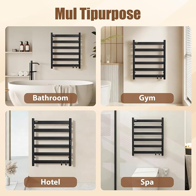 R FLORY Heated Towel Rack for Bathroom, 6 Bar Wall Mounted Towel Warmer Rack Flat with Timer & Temperature, Electric Towel Heater with LED Display Screen, Plug-in,Matte Black