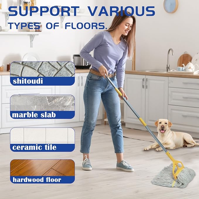Commercial Cotton Mop | Heavy-Duty Industrial Mop | 2 Replacement Heads | 152cm Stainless Steel Handle | Professional Institutional Cleaning (B)