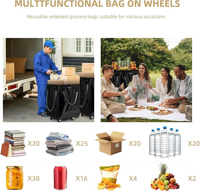 (Large, Black) Reusable Grocery Bag on 5 Wheels, Foldable Rolling Tote Carries Up to 110lb Shopping Trolley, Rolling Bag with 3 Handles, Zipper Clouser Rolling Tote Bag with Wheels for Laundry