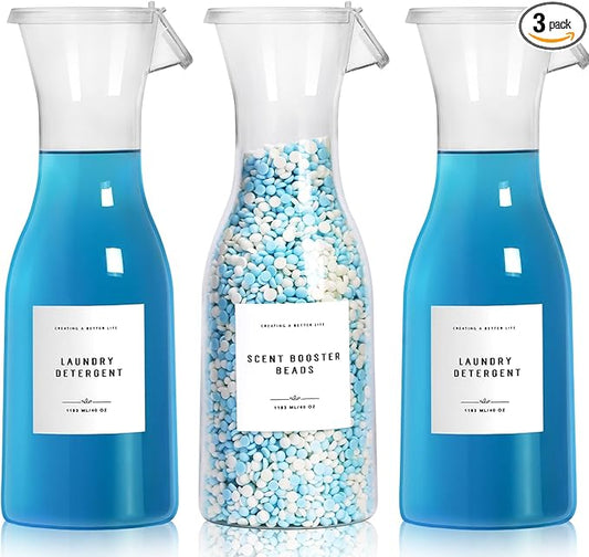 Laundry Detergent Dispenser Bottle 40oz with Waterproof Label for Detergent, Soap, Fabric Softener, Scent Booster Beads, Sturdy PET Bottle for Laundry Room Decor 3 Pack
