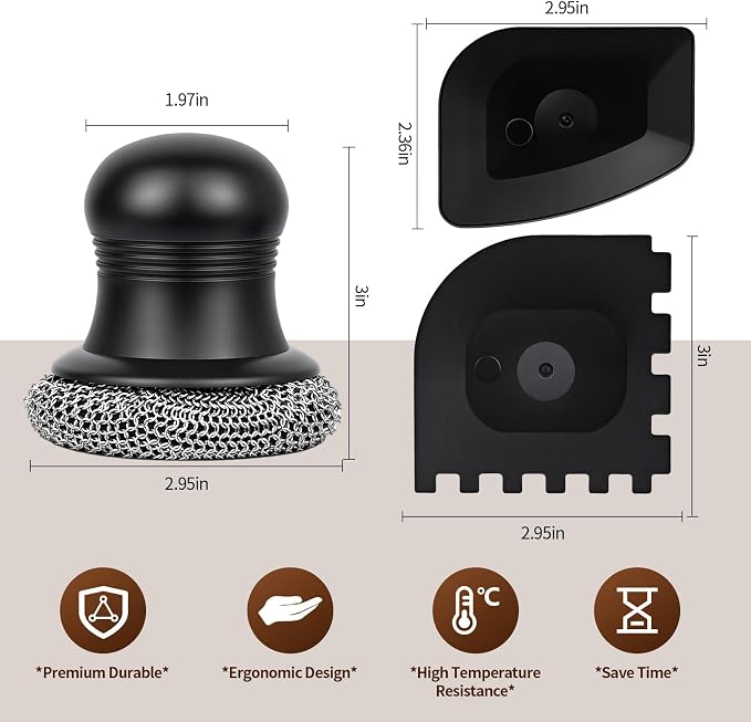 316 Upgraded Cast Iron Scrubber with Pan Scraper,Cast Iron Cleaner for Grill Pan Skillet Wok Carbon Steel,Ergonomic to Hold Easy to Use Dishwasher Safe ((Small Chainmail,2pcs))
