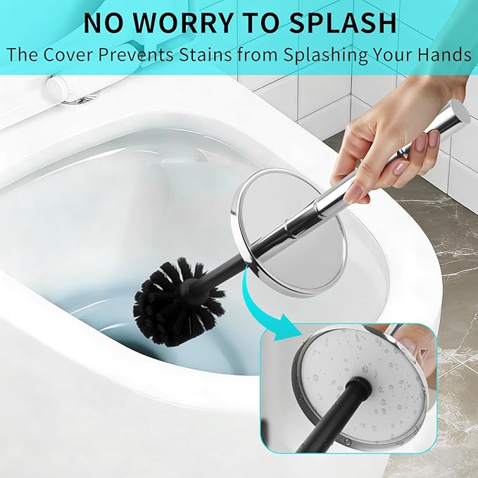Chrome Toilet Brush and Holder Set,304 Stainless Steel Toilet Brush for Bathroom with Long Handle, Heavy Duty Toilet Bowl Brush,Removable Inner Bowl and Splash Protection,Deep Cleaning