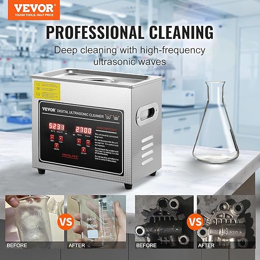 VEVOR Ultrasonic Cleaning Machine with Digital Timer & Heater, Professional Jewelry Cleaner, Stainless Steel Heated Cleaning Machine for Glasses Watch Rings Small Parts Circuit Board (3L)