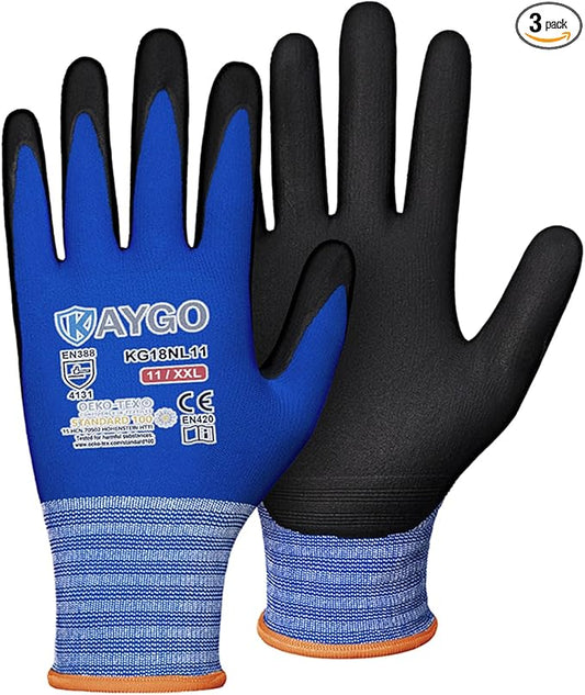 KAYGO Safety Work Gloves MicroFoam Nitrile Coated, 3 Pairs KG20NB,Seamless Knit Nylon Glove with full fingers Touchscreen, Ideal for Automotive,Warehouse,Construction (2X-Large, Blue)
