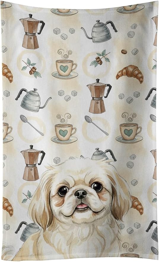 Caroline's Treasures Cream Pekingese Coffee Bar Kitchen Towel Velour Plush Front and Cotton Loop Back Machine Washable