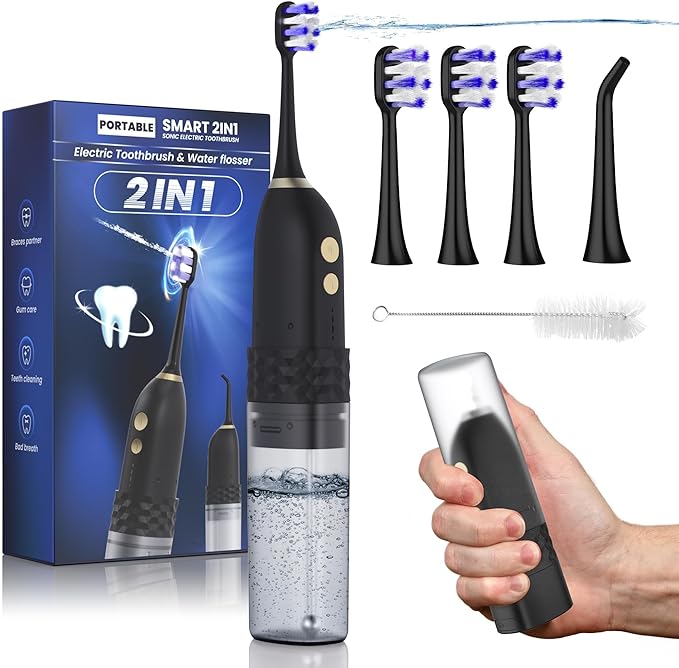 Electric Toothbrush with Water flosser, 2 in 1 Teeth Cleaning Kit, Toothbrush and Water flosser Combo, Travel Toothbrush with Water Bottle(Black)