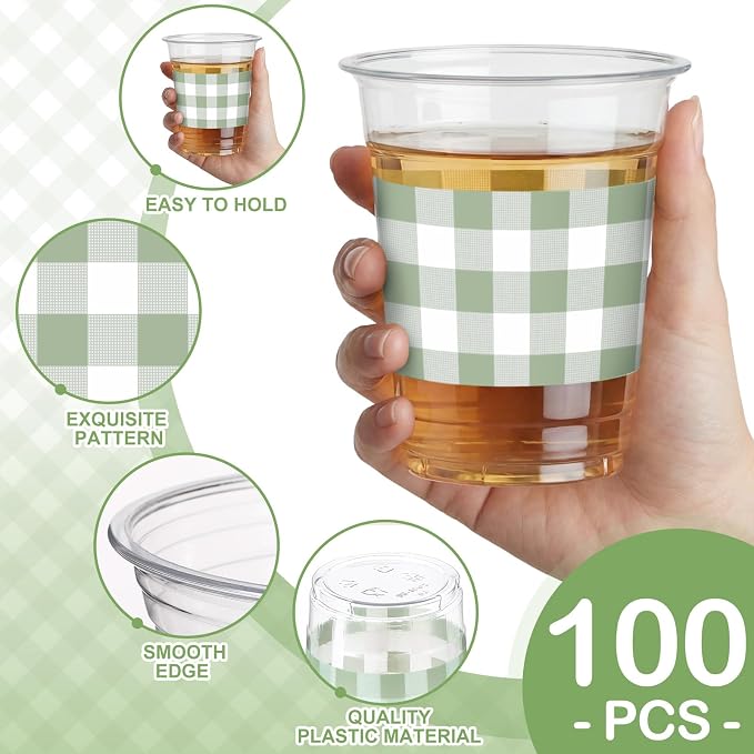 100 Pcs Sage Green Gingham Plastic Cups 12 oz Green Checkered Plaid Disposable Plastic Drinking Cups Bulk for Baby Shower Wedding Birthday Christmas Party Decoration Supplies