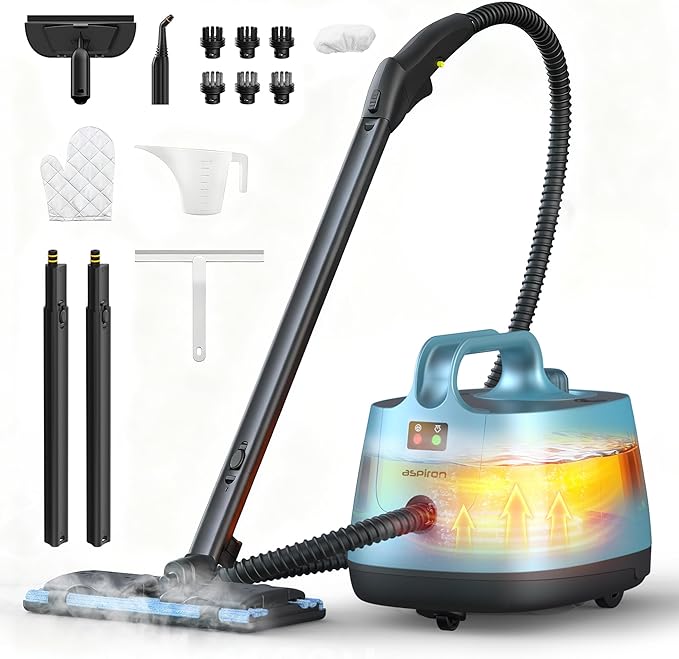 Aspiron Steam Cleaner, 293°F 58 PSI Powerful Multipurpose Handheld Steam Mop for Home Use, 21 Attachments, 50Oz Capacity, Heavy Duty Steamer for Carpets, Floors, Cars, Tiles, Crack, Aquamarine