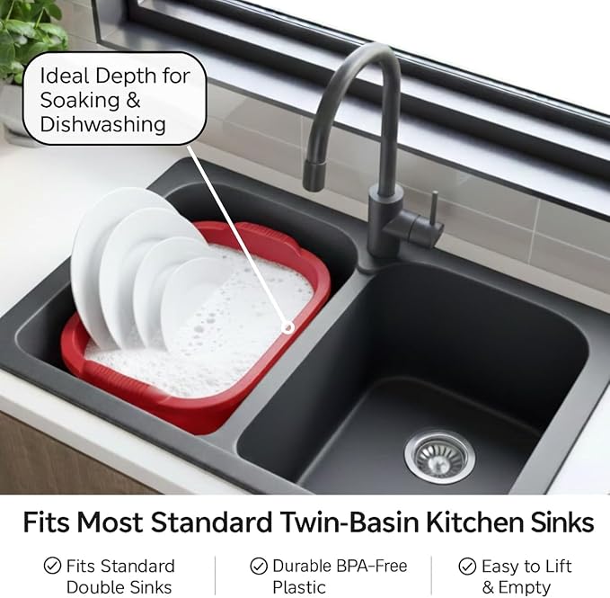 2 Pack Plastic Wash Tub Dishpan Basin and Foot Bath for Soaking Feet, Laundry Hand Wash Bucket, Dish Pans for Washing and Storage Cleaning Supplies - 12 Quarts - Heavy Duty - Red