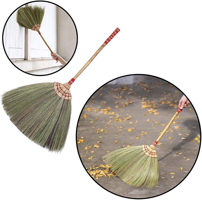Asian Flower Grass Broom Witch Broom Bamboo Stick Handle Red or Green on Random