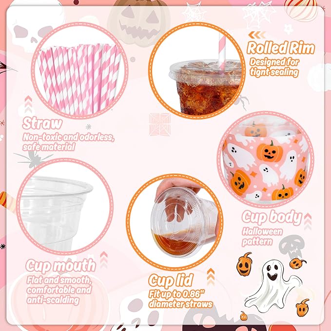 Whaline 50 Pcs Halloween Disposable Plastic Cups with Lids and Straws 12 oz Cute Pink Pumpkin Ghost Cold Beverage Drinking Cups for Birthday Party Favors