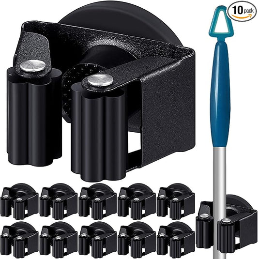 Vercraft 10 Pcs Magnetic Mop Broom Holder Movable Magnetic Broom Holder Rack, Anti Slip Wall Mounted Utility for Cleaning Tools, Garage, Kitchen, Laundry, Garden (Black)