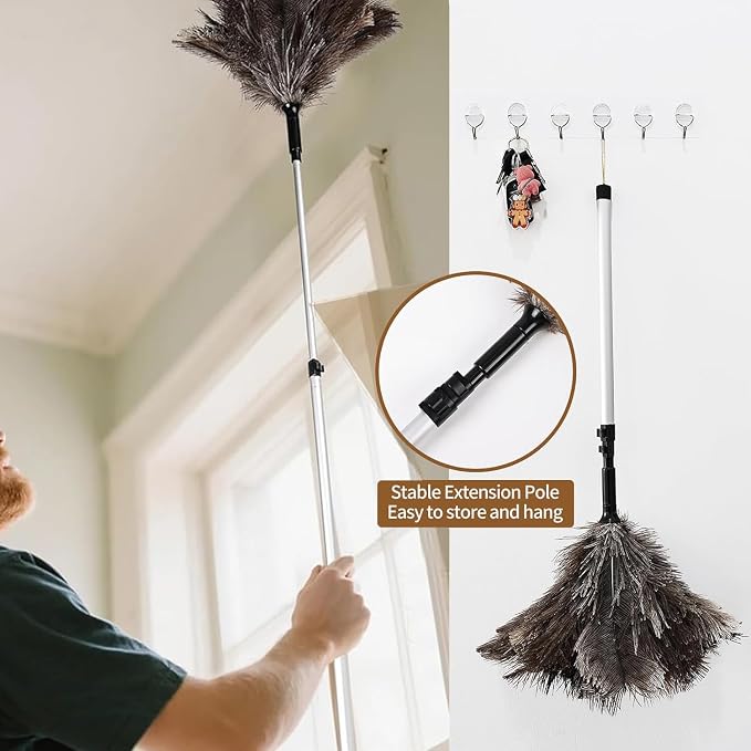 Extendable Ostrich Feather Duster up to 25-49 inches Fluffy Feathers Long Handle Reusable for Cleaning Ceiling Fan Pendant lamp Feather Duster 1pcs