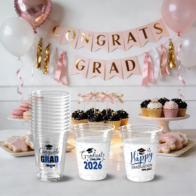 100 Pack Graduation Plastic Cups 12 oz Blue Disposable Class of 2026 Decorations Graduation Party Favor Drinking Beverage Cup for Party Supplies Decorations
