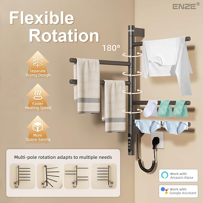 ENZE Smart Rotating Heated Towel Rack for Bathroom, 5-Bar Wall-Mounted Electric Towel Warmer with Swivel Bars, Wi-Fi App Control, 24H Timer, Stainless Steel, IPX5, Hardwired/Plug-in, Gray