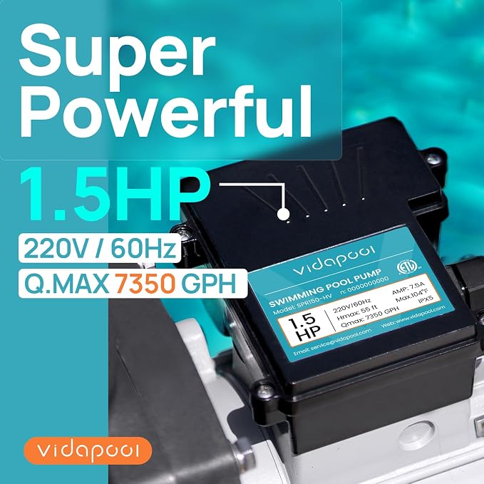 1.5HP In/Above Ground Pool Pump, 7350GPH Single Speed High Flow 220V Powerful Self Primming Swimming Pool Pumps with Filter