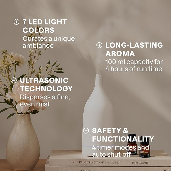 Cliganic Ceramic Aromatherapy Diffuser for Essential Oils (White) - 7 Color Lights, Cool Mist, Auto Shut Off for Home & Office