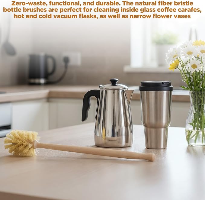 6 Pcs Natural Wooden Bottle Brush with Sisal Bristles, Long Beechwood Handle Bottle Brush Cleaner for Cleaning Bottles, Wide Mouth Mugs, Jars, Glasses, Dishes, Vases, Pitchers, 13.6 x 2.6 Inches