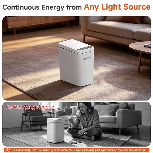 Solar Automatic Bathroom Trash Can: 2 Pack 2.6 Gallon Small Motion Sensor Garbage Can, No Charging Required, Slim Smart Touchless Trash Bin with Lid for Bedroom, Living Room, Office, RV, White