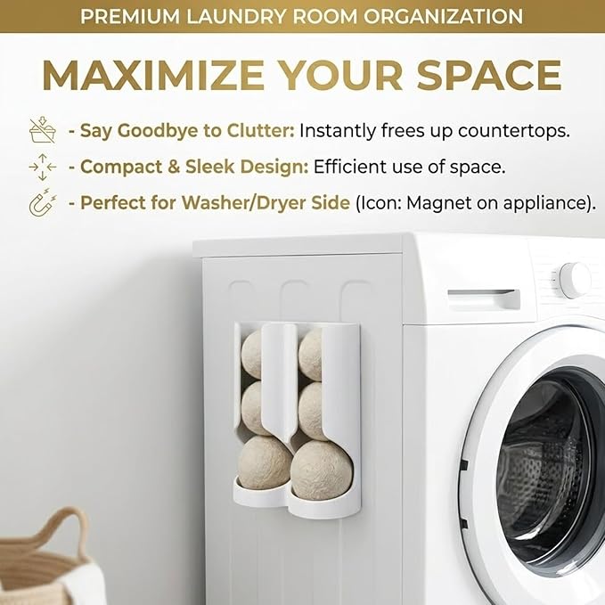 Magnetic Dryer Ball Holder for Laundry Room Organization - Space-Saving Wool Dryer Ball Storage Rack, Strong Magnet Mounts to Washer & Dryer, Holds 6+ Standard Balls, Two Ways to Use,Minimalist Design