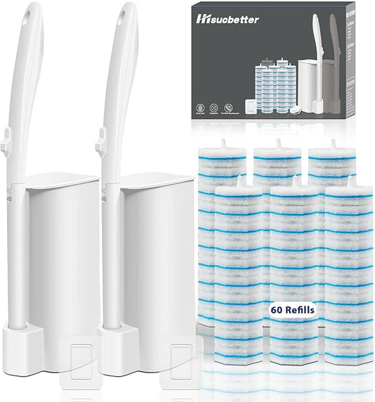2 Pack Disposable Toilet Brush Set with 60 Refills, Wall-mounted Toilet Bowl Wand Kit-2 Extend Toliet Wand, 2 Storage Holder&60 Disposable Refill Pre-Filled Cleaning Solution for Deep Cleaning Toilet.