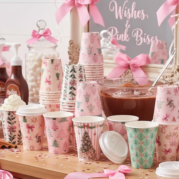 Gerrii 100 Set Christmas Paper Cups Disposable 12 oz with Lids Hot Chocolate Coffee Cups for Hot and Cold Drinks Tea Water Bar Supplies Holiday Winter Season (Pink Bow)
