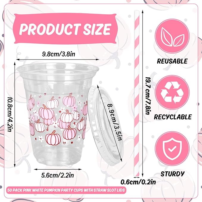 JarThenaAMCS 50Pcs Fall Plastic Cups with Lids and Straws 12oz Party Cups Pink White Pumpkin Disposable Cold Beverage Drinking Cup for Autumn Thanksgiving Party Supplies