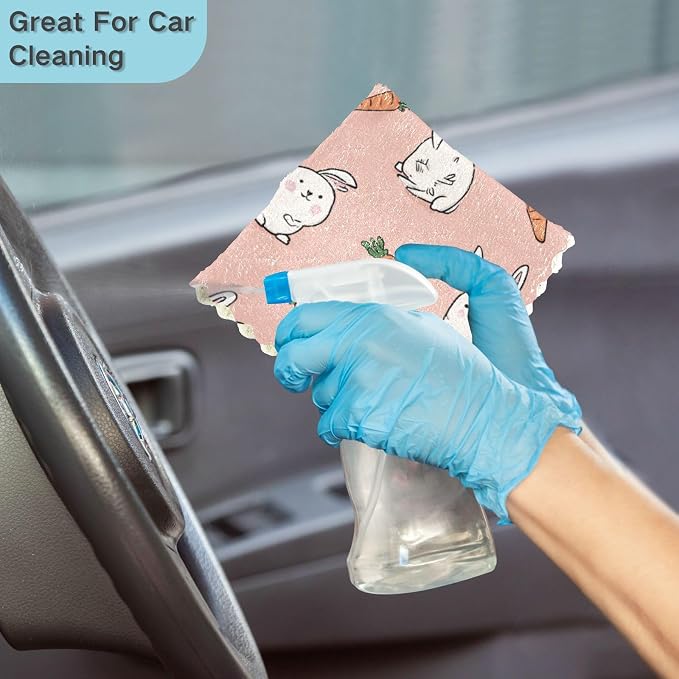 Pink Rabbit and Carrots Kitchen Towels Dish Cloths Set of 6 Microfiber Cleaning Cloths for Cars Super Absorbent Machine
