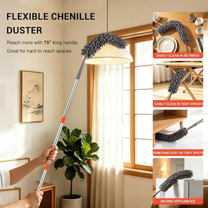 360° Ceiling Fan Blade Cleaner with 76“ Long Handle, 4-in-1 | Reusable Fan Duster for Ceiling Fan Blades, Multi-Functional Chenille Duster Cleaner Kit for Baseboard, Wall, Floor, Window
