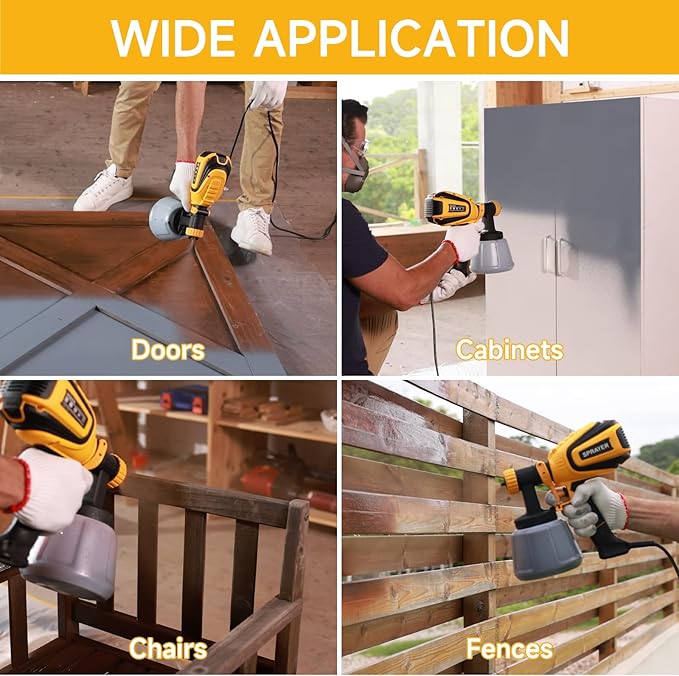 VONFORN Paint Sprayer, 700W HVLP Spray Gun with Cleaning & Blowing Joints, 4 Nozzles and 3 Patterns, Easy to Clean, for Furniture, Cabinets, Fence, Walls, Door, Garden Chairs etc. VF803 Yellow