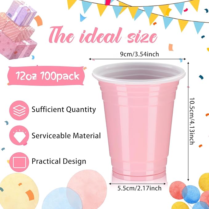 Sabary 100 Pack 12oz Plastic Cups Light Pink Wedding Heavy Duty Drinking Disposable Cups with Lines for Beverage Graduation Holiday Camping Barbecues Birthday Party Summer Outdoor Picnic