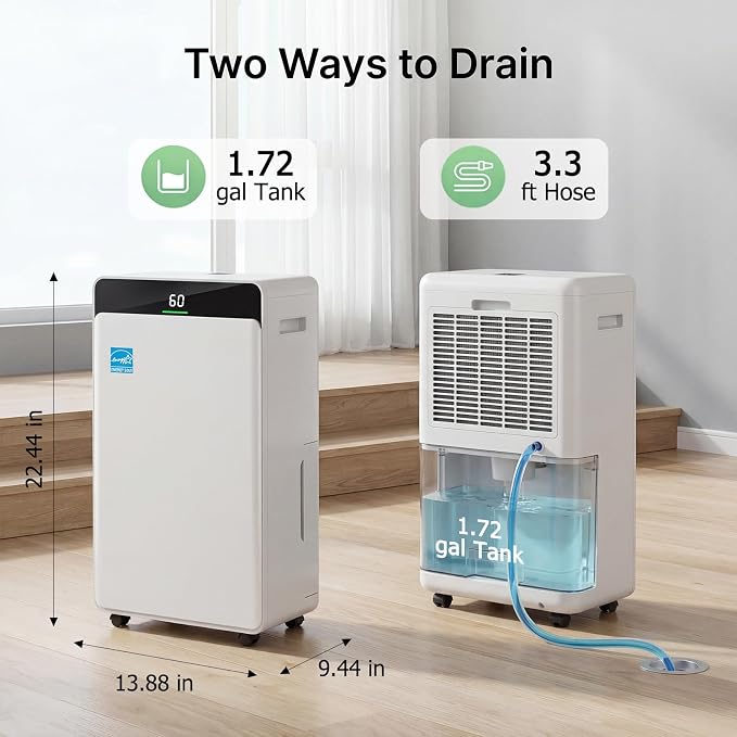 2026 Upgraded ENERGY STAR Dehumidifier, 80 Pint/Day, 5000 Sq.Ft for Whole Home & Basement, 1.72 Gal Tank, 35dB Quiet, Child Lock, Sleep/Fan/Dry Modes, 24H Timer & Auto Continuous Drain | 5000 Sq.Ft dehumidification area.1.72 Gal Tank, 35dB Quiet,Child ...