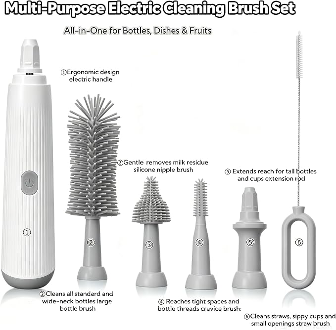 Electric Bottle Brush Set, 6-in-1 Electric Cleaning Brush with Waterproof Silicone Cleaner, 3 Replaceable Brush Heads, Straw Brush & Extension Rod, for Baby Feeding Supplies and Kitchen Utensils