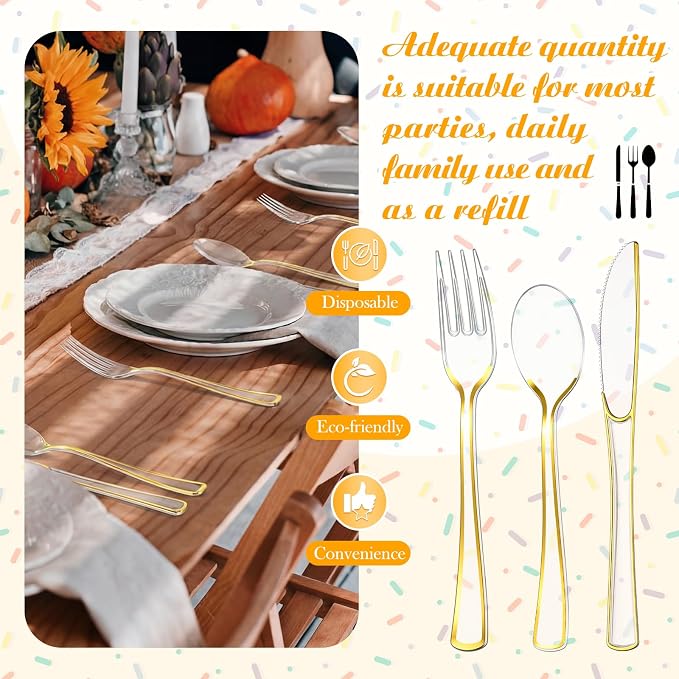 Minatee 150 Pcs Gold Plastic Silverware, Clear Disposable Cutlery Set Heavy Duty Utensil Sets 50 Forks 50 Knives 50 Spoons for Birthday Party Home Office School Picnics Restaurant Outdoor Events