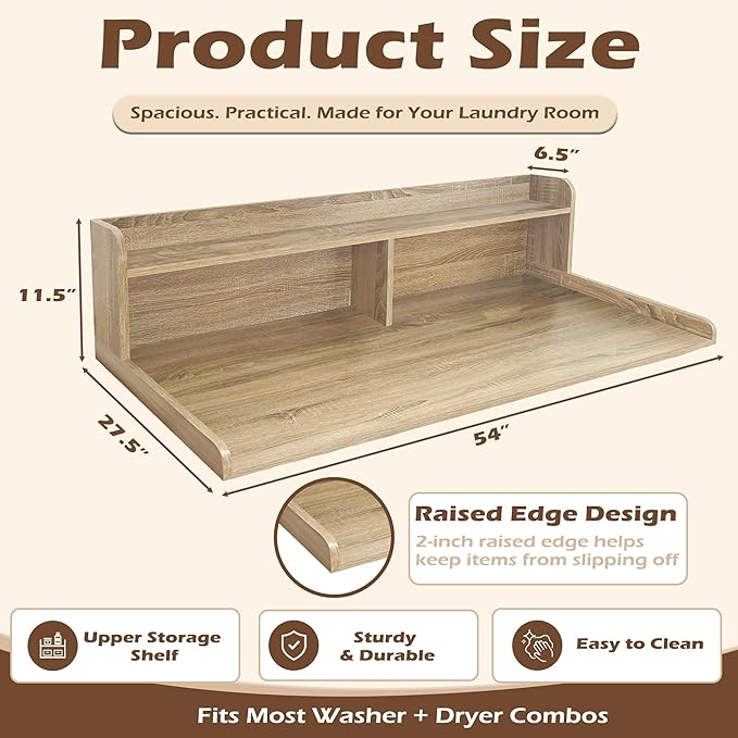Royxen Laundry Countertop with 2-Tier Shelf Universal Fit, Washer and Dryer Countertop with Storage Space, Shelf Height 11.5 Inches, Solid Wood Core, White Oak