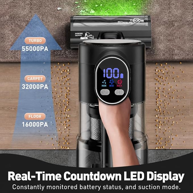 Cordless Vacuum Cleaner for Home, 55KPa Powerful Suction, Self-Standing Stick Vacuum with Charging Dock, Anti-Tangle Brush, Lightweight for Pet Hair, Carpet, Hardwood Floor(Pure Black)