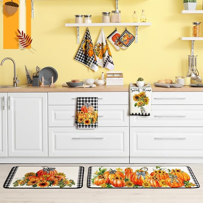 Fanfanwin 10 Pcs Thanksgiving Pumpkin Kitchen Decor Set Kitchen Towels Pot Holders Oven Mitts and Rugs Set Thanksgiving Decor for Baking Cooking BBQ Autumn Home