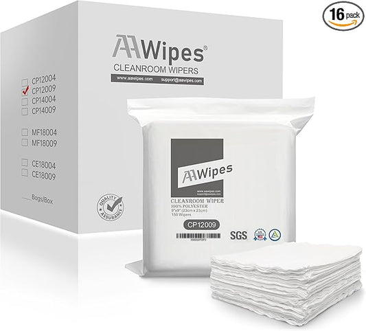AAwipes Cleanroom Wipes 100% Polyester Double Knit, Laser-Sealed Edges, 120GSM, 9"x9", 16 Bags/Box (150pcs/bag) – Bulk Industrial Pack CP12009