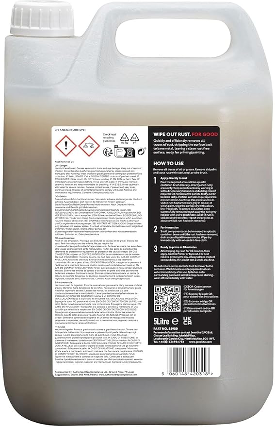 JENOLITE Gel Rust Remover for Metal 5 L (1.32 Gallon). Non-Drip Naval Jelly for Automotive and Vertical Metal Surfaces. Fast-Acting Concentrated Gel Dissolves Rust to Bare Metal. Made in Britain.