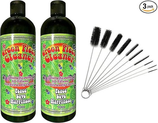 Green Piece® 2 bottles of the 16 oz Cleaner (Made in USA) with 5 piece glass cleaner and 10 piece glass tube cleaner (2 Glass Cleaners with 10 Nylon Tube Cleaners)