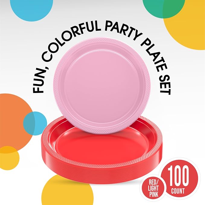 Exquisite Party Solids Red & Pink Plates Disposable Red & Pink Plastic Plates 100 Pieces - 50-7" & 50-9" Heavy Duty 350 GSM Disposable Dinnerware Sets, Plastic Dinnerware Sets