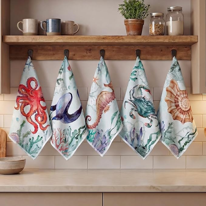 Tinlade 36 Pack Reusable Cleaning Cloths Washable Cotton Kitchen Towels Bulk 11.81 x 9.84 Inches Absorbent Dish Towels Roll for Home Kitchen Cleaning Supplies 12 Styles(Ocean Animal)